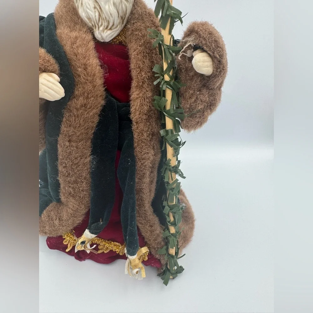 Vintage Victorian Santa Tree Topper Figure Red‎ Green Fur Trim Ceramic Face